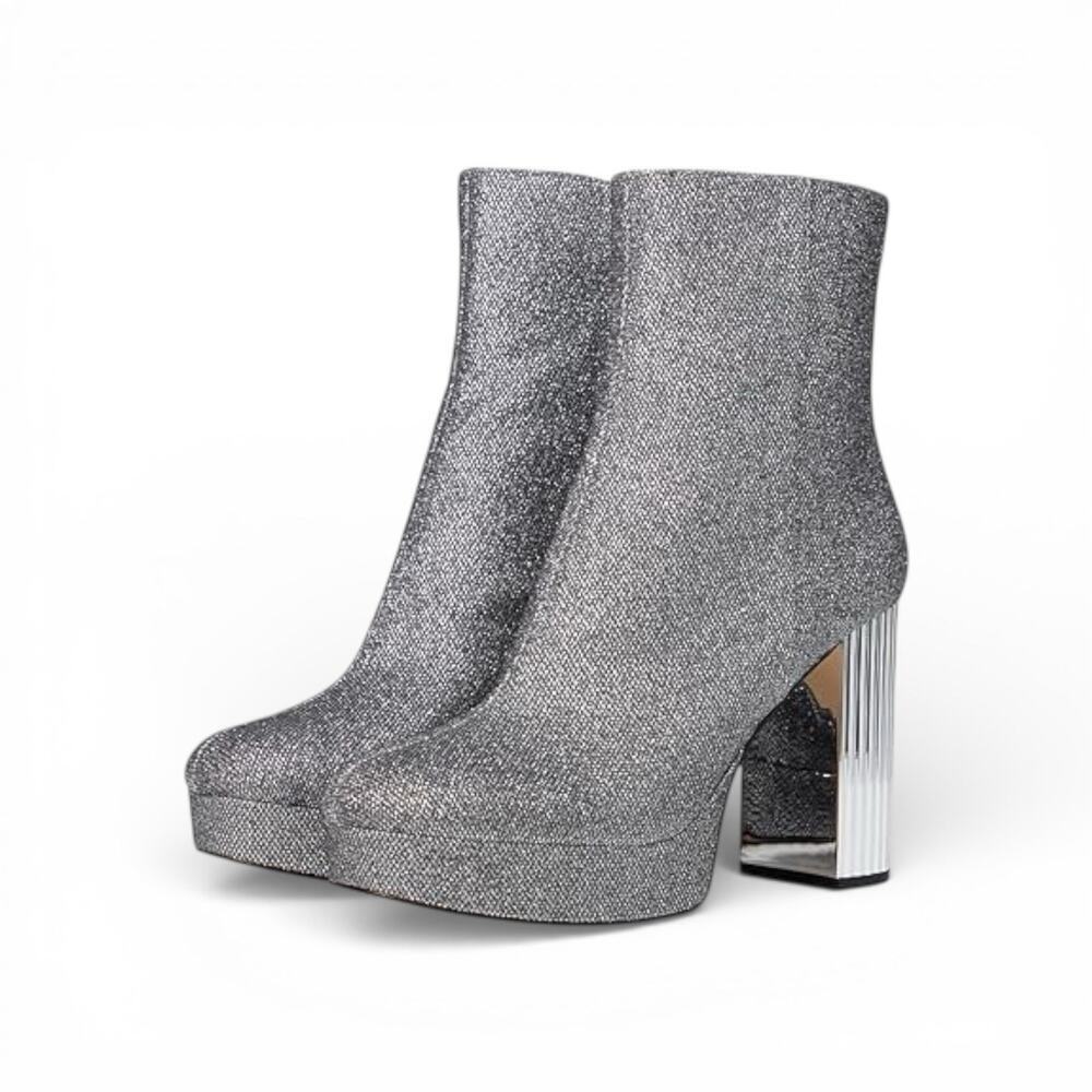 Michael Kors Women's Size 9.5 Glitter Metallic Platform Bootie Silver Heel NWOB